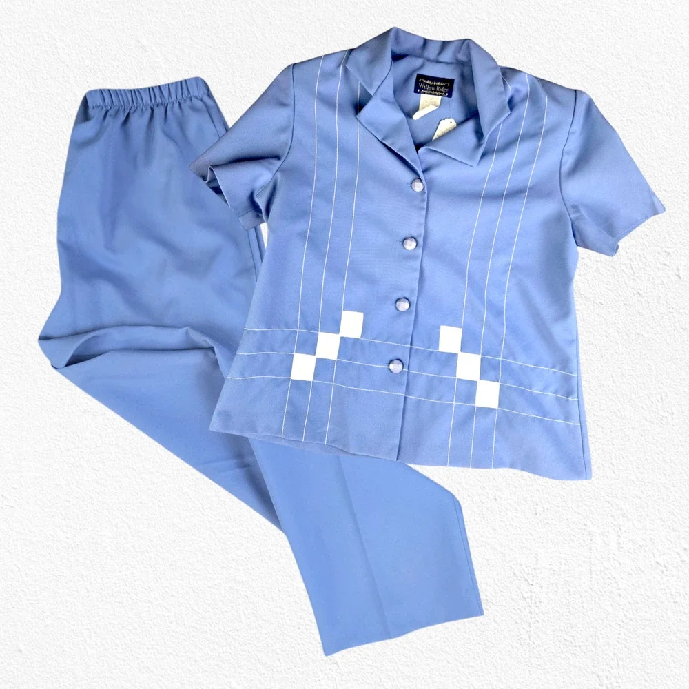 80s Vintage Willow Ridge Periwinkle Blue Retro Top Pants Set USA Made Size 14P